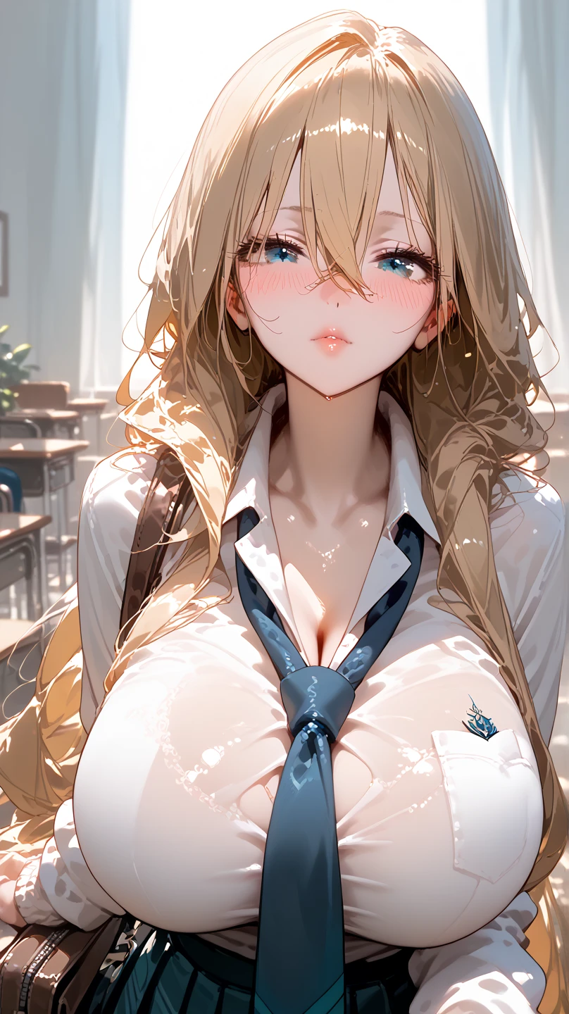 1girl, Solo, Looking at viewer, Blush, HD, Very Long Hair, Hair Between Eyes, Hair Between Eyes, Blonde Hair, Large breasts, Blush, school uniform