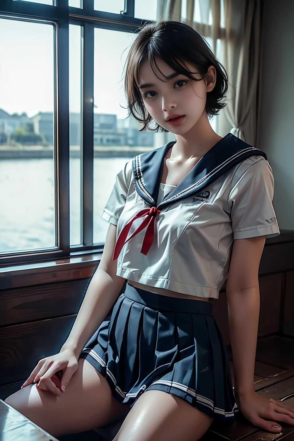 masterpiece,  best quality, 8k,  photorealistic showing panties,  high definition , 1 Female, Alone,  watch viewers, (  detail face ),(( sailor suit ))、Super beautiful girl、 erotic short hair、(( Mini Pleated Skirt))、Sitting、 Sexy Expression 、 realistic skin、Realistic Face, red ribbon 
