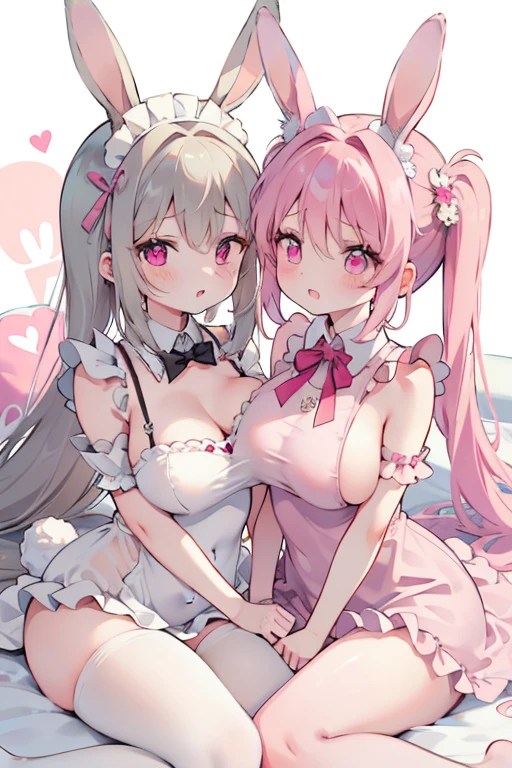 NSFW,Two girls,selfee,taking,Hugging,show off nipple,Light blue hair,Light pink hairstyle,Cat ears,Pink eyes,Light blue Lolita,white sock,pink bows,Smile with open mouth,Top image quality,Best Quality