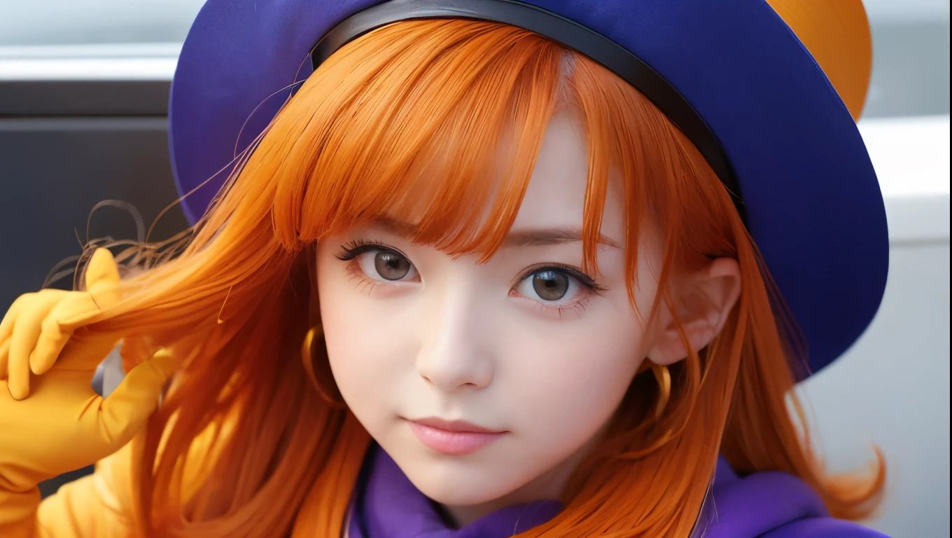 Girl、 has orange wavy hair and purple eyes。Wear a big blue hat、 also wears a blue cloak 。 serious expressions、Wears a yellow tunic 、 has a waist tightened with black tights and a belt 。 wears orange gloves on her hands 、 wears orange boots around her feet 。Travels on a ship 、On board