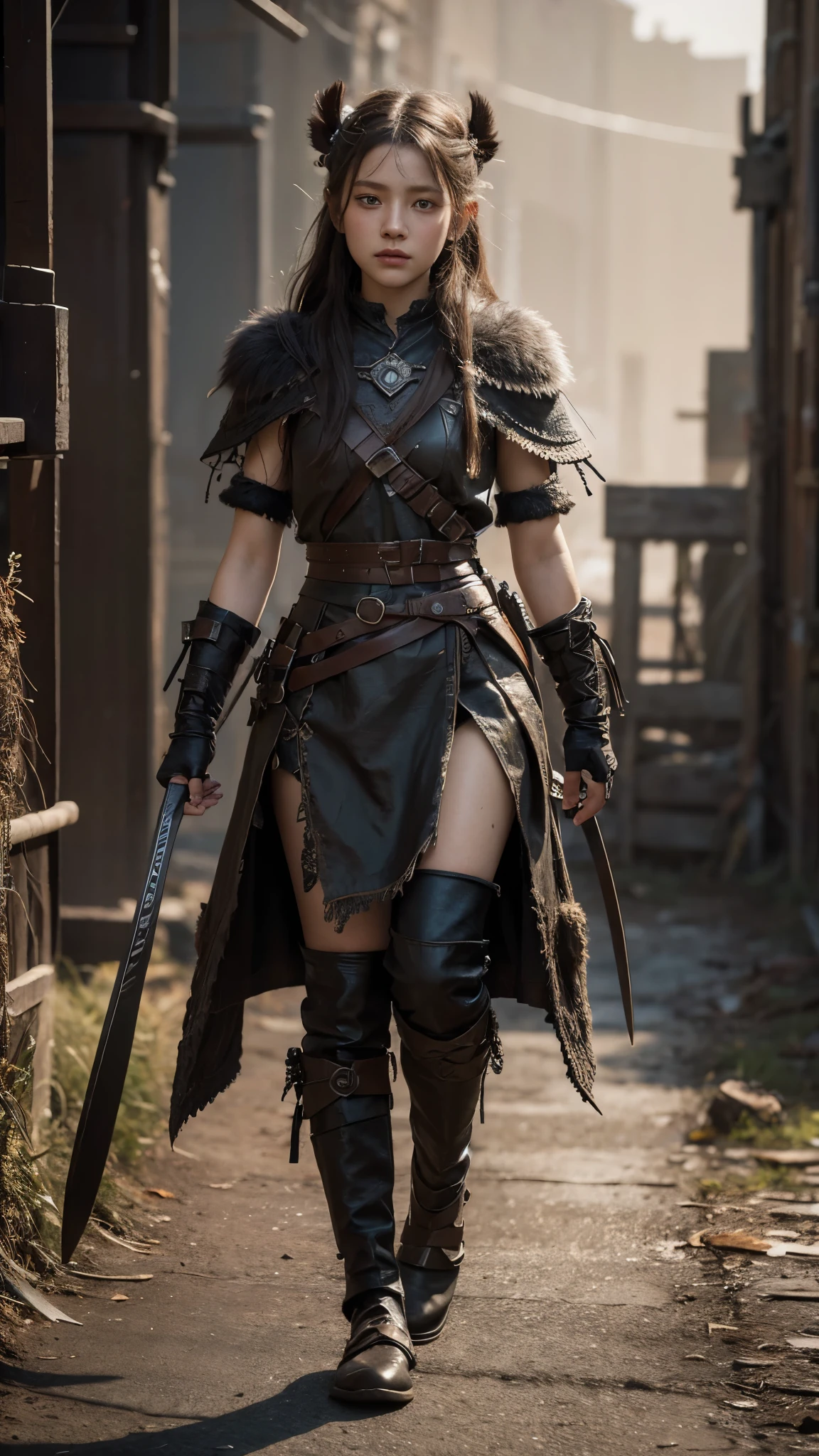 detailed full body concept art illustration, dark soft focus, plague style oil painting on canvas of a little viking warrior girl in full intricate clothing, biomutant, dystopian, micro detail, octane render, 4K