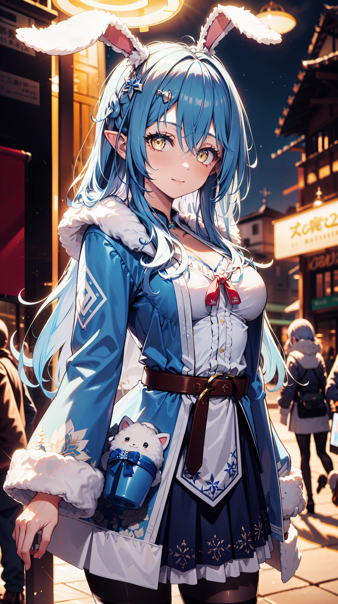 desktop, high quality , shape, super detailed , Finely, high resolution , 8K Wallpaper, 完璧なダイナミックな構shape, beautiful and detailed eyes , Helpers ,belt,,Tights, pantyhose ,Short skirt, cute shape, small breasts, Random Sexy Poses,Lovely smile,Big cities、20-year-old girl、 Beautiful and delicate face 、Blue Hair、 flawless face , golden eyes、 wearing a fluffy black fur coat 、 girl in a bunny suit Onepiece 、 perfect and beautiful double eyelids 、 Blur Background 、 flawless face 、Female pose、 Blur Background