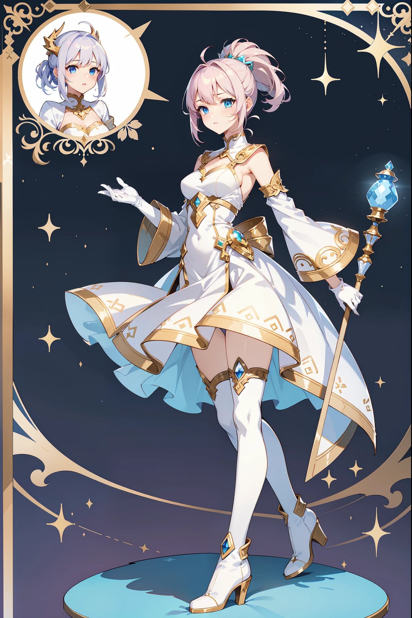 Image is a digital illustration in a Ragnarok online character style, featuring a fantasy character with distinct features. The character has light skin, large blue eyes, and short blonde hair adorned with white, horn-like accessories. She wears a detailed outfit consisting of a purple and white dress with gold accents, thigh-high white boots, and matching gloves. The character holds a large, ornate staff with a blue gem and white feather-like decorations. The background is a light blue with a pattern of stars and the word 'LUNA' repeated in a soft, transparent style. The overall composition is centered, with the character standing upright and facing forward.