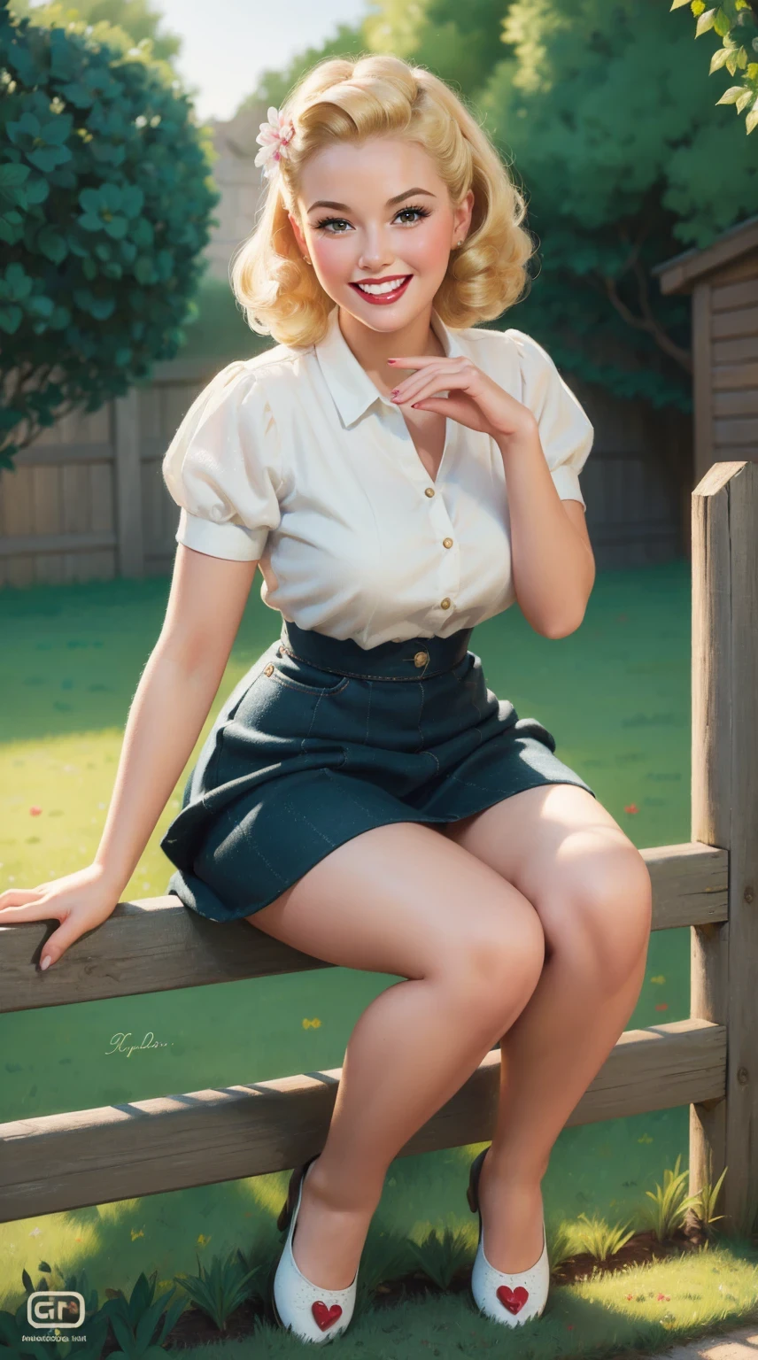 Renatadaninsky, sitting on the chair, vintage, ((retro pin up style)), red and yellow sexy lingerie, brown hair, ((outdoors)), (masterpiece:1.4), (best quality:1.4), retro vintage pin-up style, extremely detailed, intricate, hyper-detailed, illustration, soft lighting, 20 years old girl, Blonde hair, doted skirt, bend_over, grin, (perfect_face), sitting, bad, ornate, intricate, dramatic lighting, 4k, detailed_background, caustics, full_body, digital_illustration