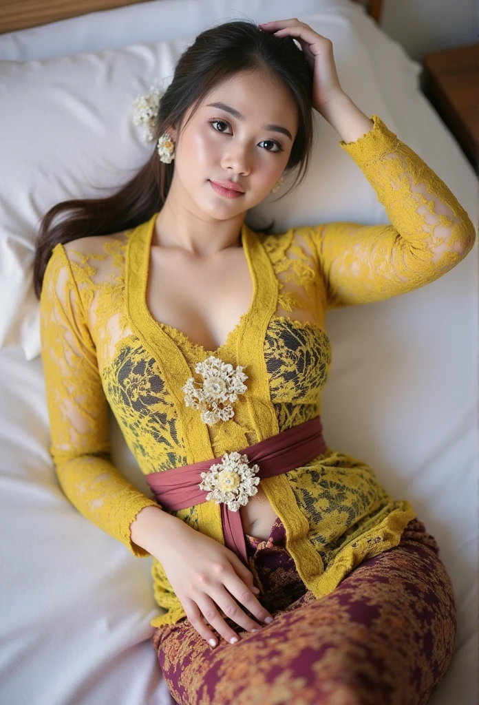 medium close up Indonesian young woman wearing a mustard yellow open breast kebaya with a white hijab and a batik skirt lying on her back leaning on one arm ON THE BED, long open legs wrapped in traditional batik cloth, and her breast out