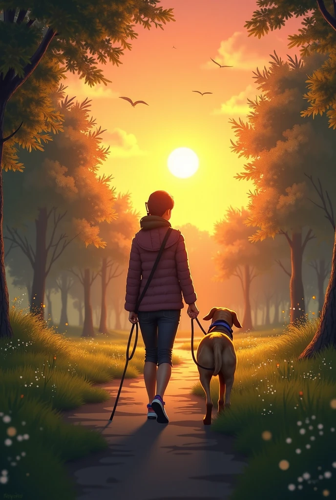Visually impaired person walking backwards with a guide dog into the sunset, with a park in the background. Animated Style
