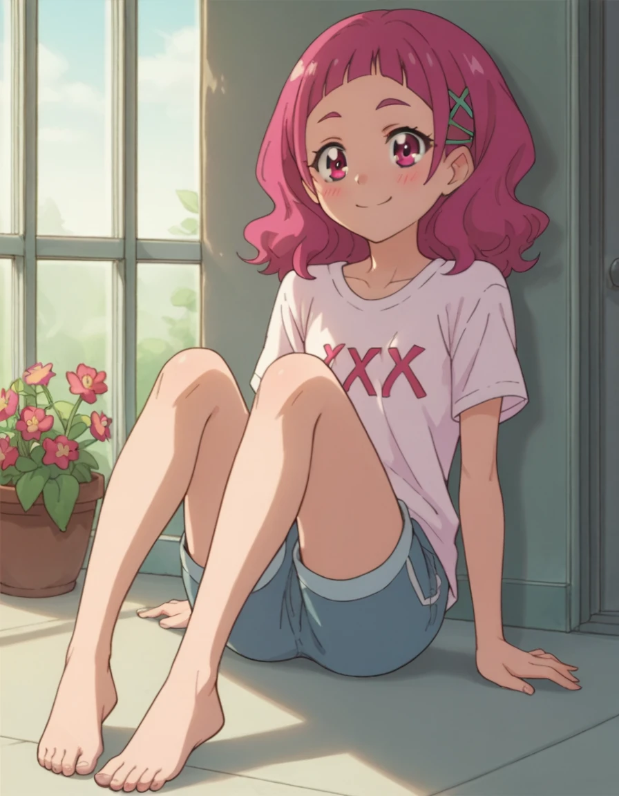 The 9th Hana, Pink Eye,  Pink Hair,  long hair,  Short Bang ,  hair clips,   x hair ornament 、 small chest, (T-Shirts、 hot pants)、 High Quality , Alone、(garden),  Blushing , ( full body shot), (smile)