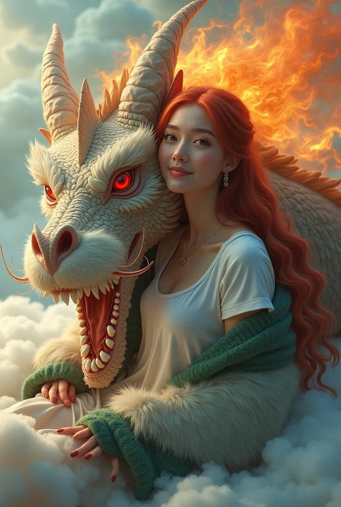 stunningly beautiful woman in white dress, beautiful face, sleeping in front of a dragon, blush, freckles, very long wavy red hair, green grey eyes, pale white skin, blush, orange flames spread from her arms throughout her surroundings, magical ambient, ((glowy magic)), magical red vines, autumn, magical dark forest, leafs falling everywhere, fantasy, small breasts, symmetrical eyes, symmetrical iris, symmetrical anatomy, highly detailed hands, detailed iris, wide hips, highly detailed body, extremely detailed skin pores, UHD, 16k