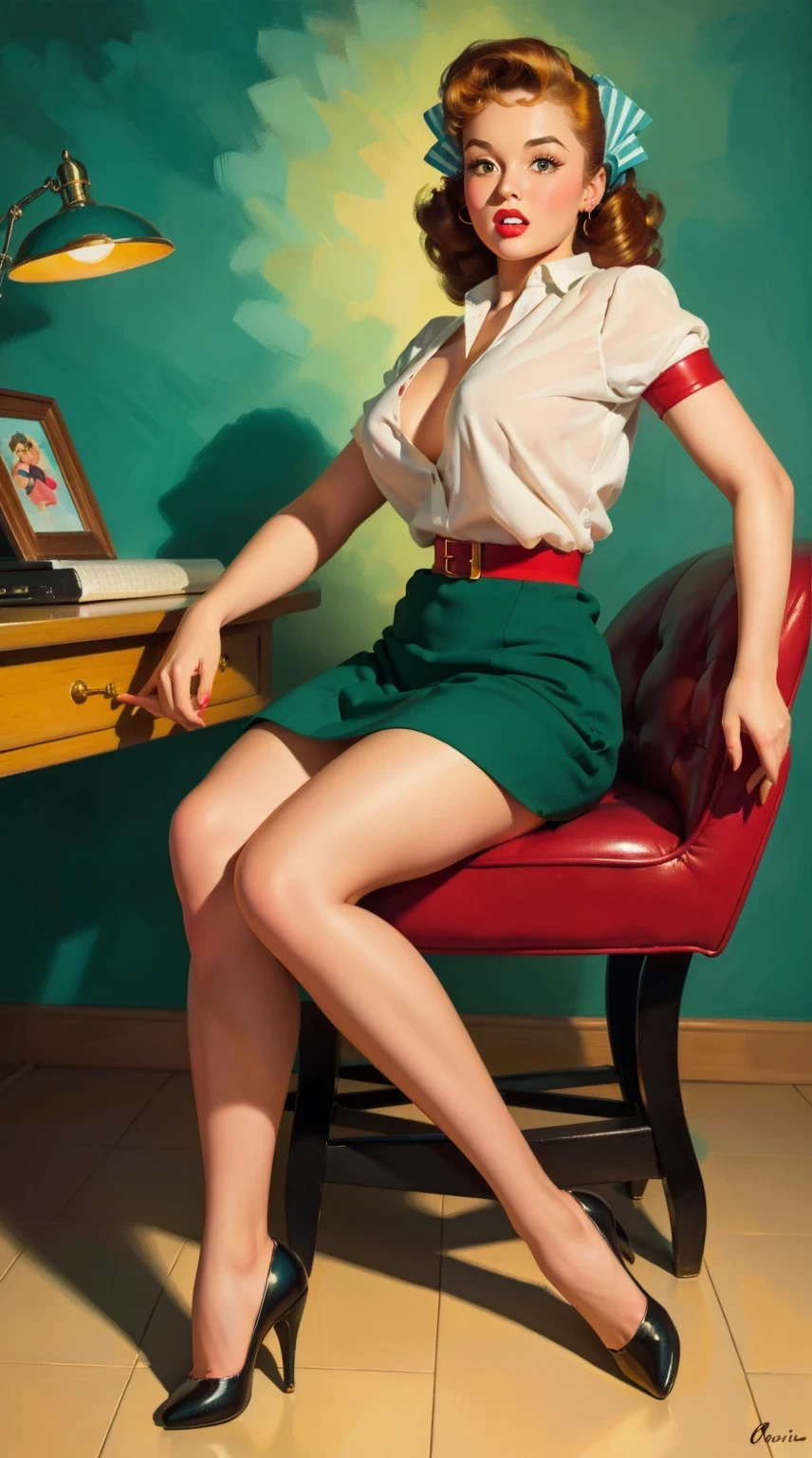 20 years old girl sitting on the chair, vintage,  retro pin up style,sexy, sitting on the ground, medium breast, panties, separate legs, shining skin, rim light,  mouth O, surprised, up skirt, flowing skirt,  colorful , masterpieces, illustrated,