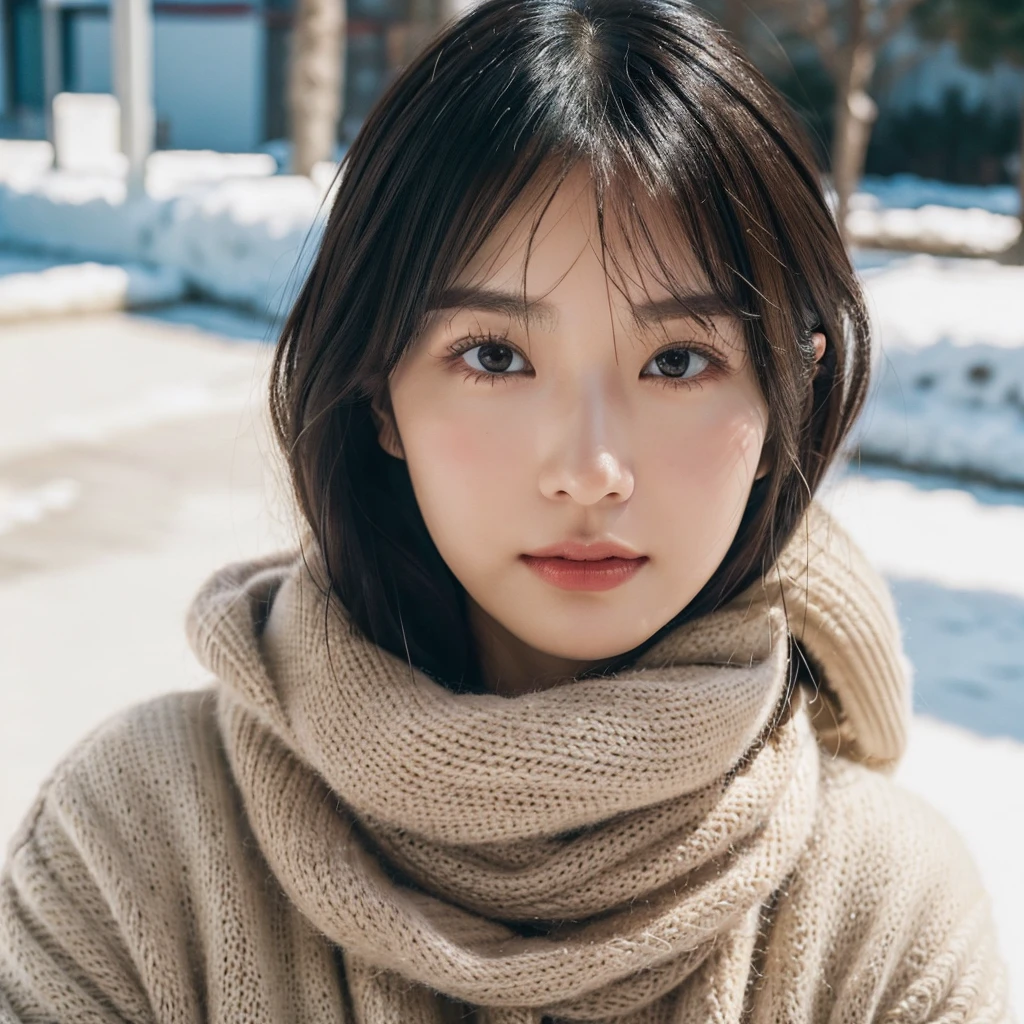 A young woman wearing a white knit hat and a turtleneck sweater, facing the camera with a calm expression. The lighting is soft and natural, highlighting her features gently without harsh shadows. The background is simple and unobtrusive, allowing the focus to remain on her. The overall color scheme is soft, with white and light gray tones, creating a clean and minimalist look. The style is realistic, emphasizing the natural beauty of the subject. The atmosphere is peaceful and serene, conveying a sense of tranquility.