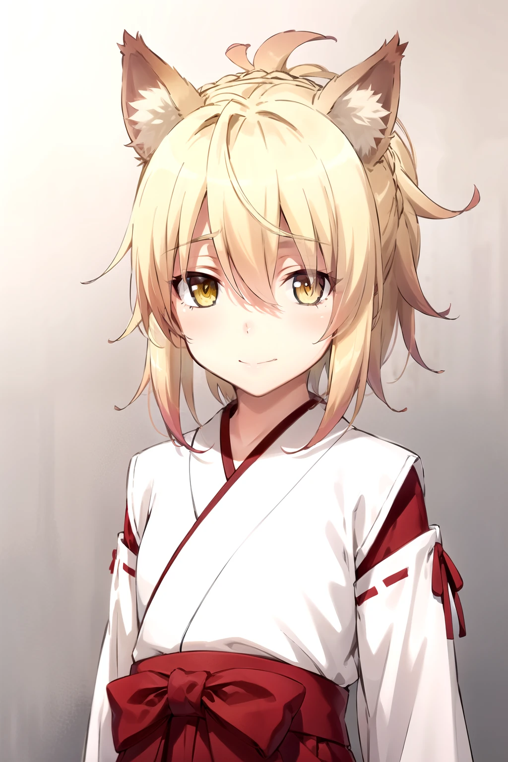  masterpiece ,  Best Quality , 1 girl, feel, blonde hair,  short hair, collect,  yellow eyes,  Fox ears ,  Japanese clothing , red as well, Monkey,  looking at the viewer ,  upper body, smile, Alone, ( simple background , solid gray background )