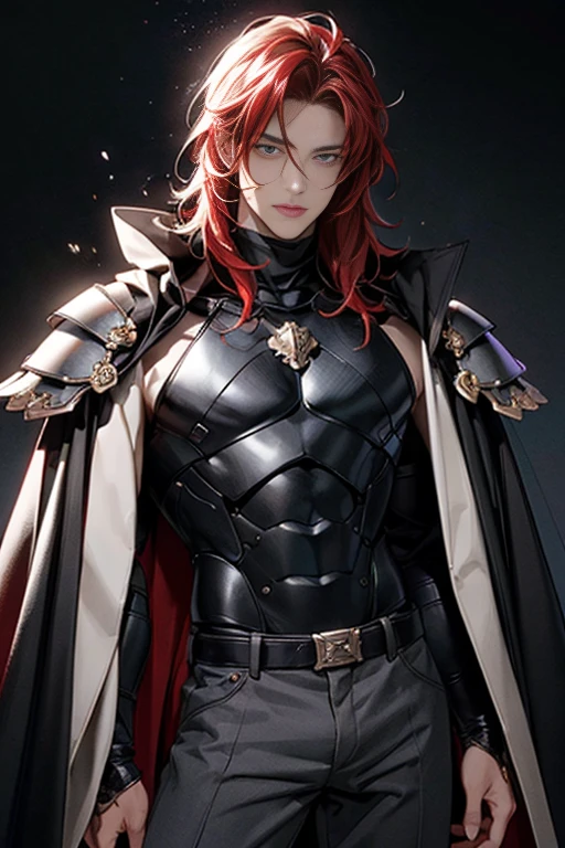 full HD, 4K, better quality, ((1 Adult man, 40 years))), male with RED hair, grey eyes, ( black trousers, thigh armor), Black background, Large assembly, Pumped up body, good anatomy, (super detailed face), (Detailed eyes, Even the eyes), soft look, soft expression, Dynamic pose in a black cloak, military, glowing light, ( red roses at the background ), look to the side, medival style, (Shoulder armor,black turtleneck under the chest armor,black cloak), knight of beauty, very long hair