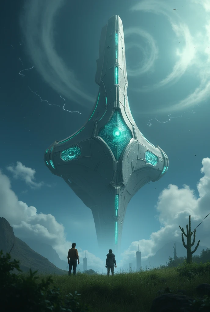 "A futuristic alien spacecraft hovering above Earth, surrounded by swirling clouds and illuminated by glowing blue and green lights. The alien ship is sleek and metallic, with an otherworldly design, symbolizing advanced technology. In the foreground, small human figures gaze up in awe and fear, standing on a landscape of grass and trees. The sky above is a mixture of stars and lightning, adding a sense of mystery and power, while the cityscape in the background reflects human civilization observing the unknown."