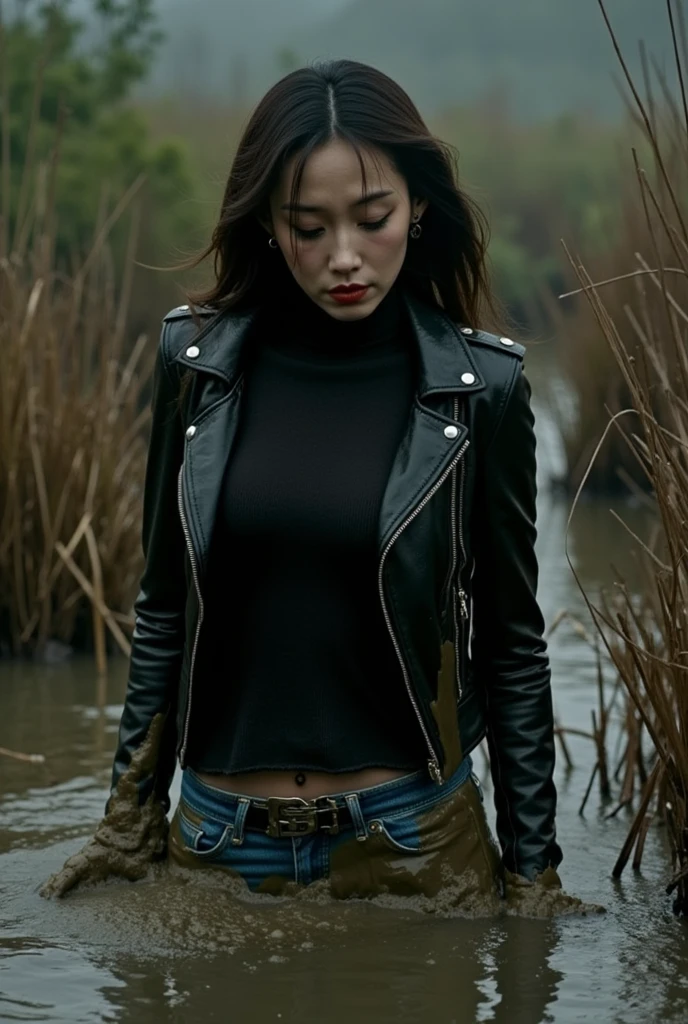 ( Best quality,4K, high definition , Realistic, vintage art), close-up stuck woman ,  plunged into a viscous messy sludge, turtleneck, denim jeans, denim jeans,  tight leather jacket , wild and creepy nature environment , A dark and mysterious , weed , Soft Lighting ,muted colors, viscous sludge, reeds