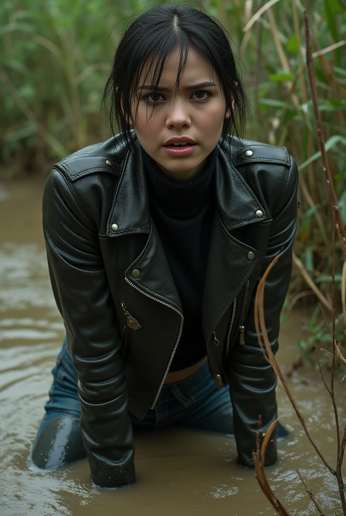 ( Best quality,4K, high definition , Realistic, vintage art), close-up stuck woman ,  plunged into a viscous messy sludge, turtleneck, denim jeans, denim jeans,  tight leather jacket , wild and creepy nature environment , A dark and mysterious , weed, shameful pleasure , Soft Lighting ,muted colors, viscous sludge, reeds