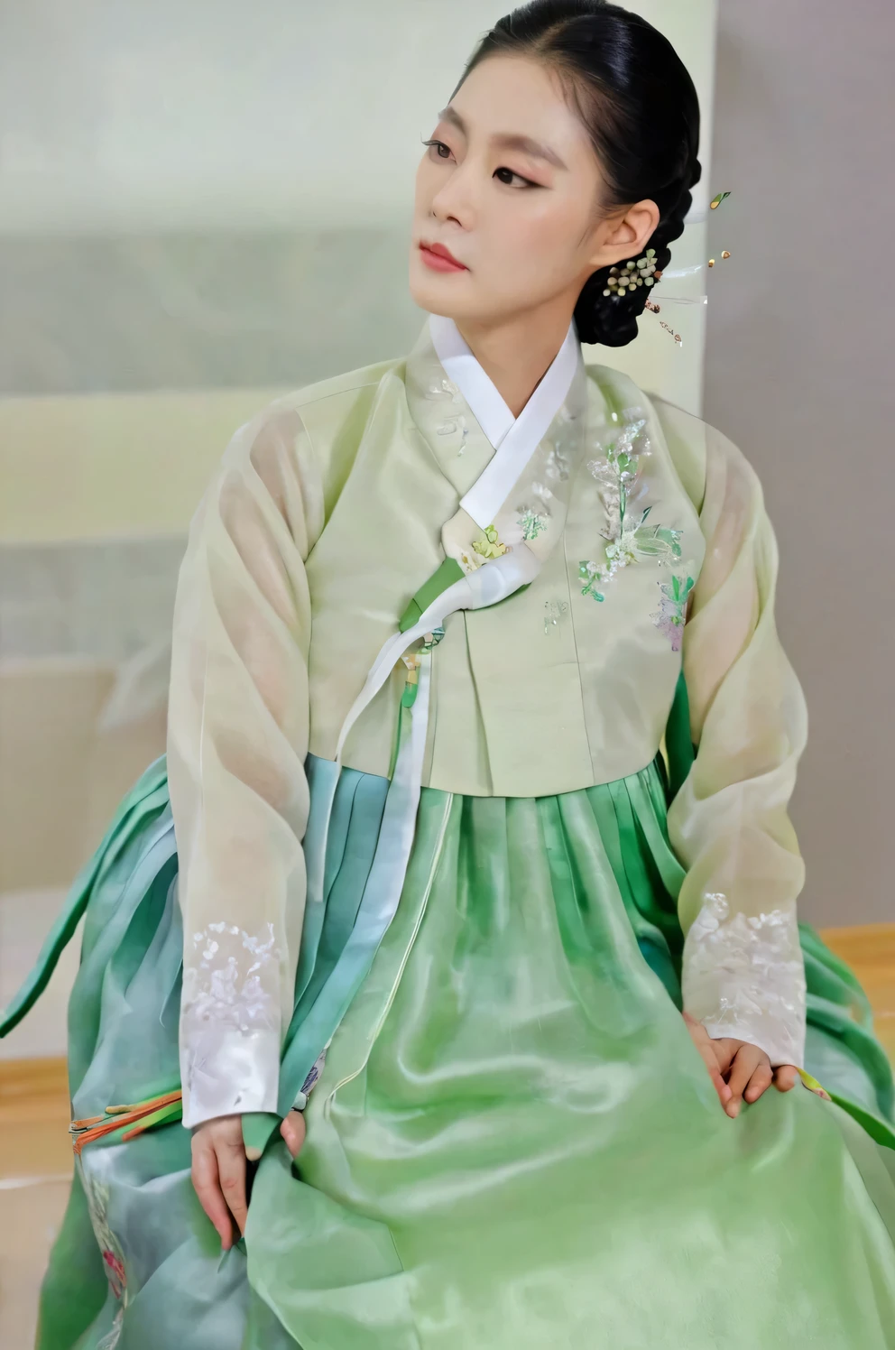 A Korean man in women's hanbok, hi is crossdresser, His face and hairstyle are very masculine, silk, Mother of the Bride hanbok Dress Outfit, breasts like a woman, light green, slender female body, see-through short jacket, satin, little side view, full body shot, sit quietly