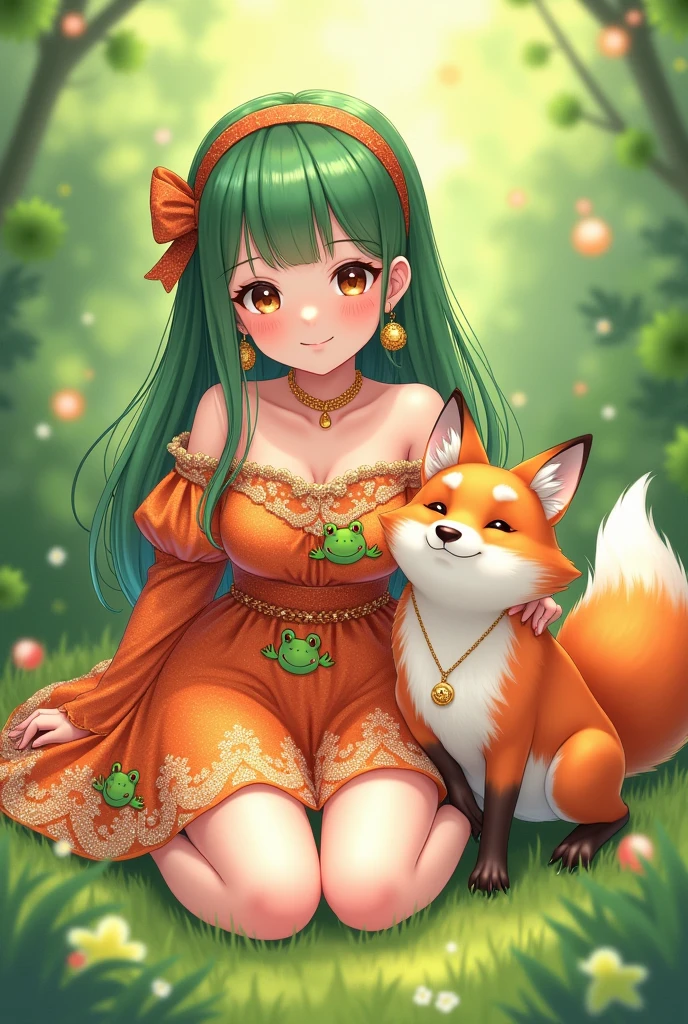 raposa, (menina monstro), orelhas castanhas longas com castanho mais escuro no interior, pelo marrom, tan fuzz on the neck, Cauda fofa marrom com uma ponta bronzeada, grandes olhos castanhos, usando roupas modestas, sentado em um jardim de flores, parte mestre, Melhor qualidade(SFW)