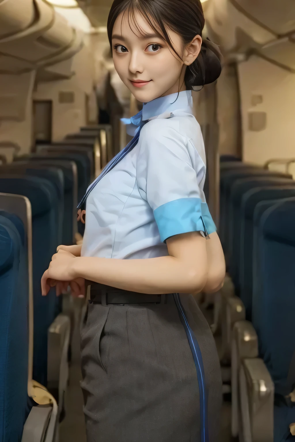 (masterpiece:1.2,  best quality:1.2), 32kHDR,  High Definition to keep your legs loosely aligned, (Alone、  1 girl)、（ Rooftop of a building during the day 、 Professional Writing ）、 With the roof of a building in the background 、（ANA cabincrew uniform blueを着たリアルスタイル）、（（ANA cabincrew uniform blue blue short sleeve blouse 、ANA cabincrew uniform blue BLUE SKIRT WITH A BLUE LINE IN THE BACK、 Scarf around the neck ））、  lots of dark brown hair 、（ long hair、Hair tied up、Hair tied up, Braid Summary Hair ）、  lots of dark brown hair 、Long Hit、Big Breasts、Thin legs、（（ amazing hands：2.0）），（（  Harmonious body proportions against the background of a building roof ：1.5）），（（Normal limbs：2.0）），（（Usually ：2.0）），（（  Delicate Eyes：2.0）），（（Normal eyes：2.0））)、smile、（ANA cabincrew uniform blueを見せた美しい後ろ姿）、Hands crossed underneath 