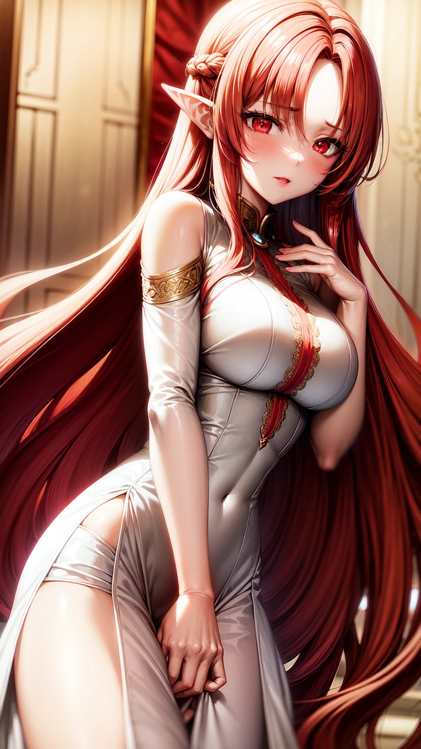 8k, best quality, masterpiece, highly detailed, semi realistic, a girl, young female, simple background, 20 years old, absurdly long red hair, hair between eyes, beautiful dress, blue eyes, medium breast, red lips, gorgeous dress, strapless, slim figure, cool expression, skinny dress, thigh high boots, singing,