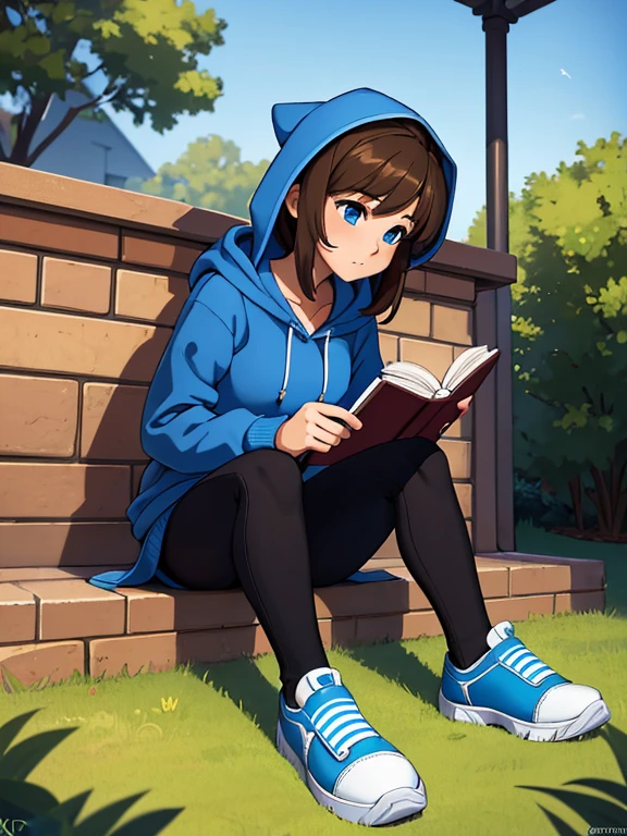 (masterpiece:1.2), best quality, high resolution, unity 8k wallpaper, (illustration:0.8), 1girl, solo, a woman in her early 20's, she's a college freshman, brown hair, blue eyes. She's sitting down and reading a book. (Wearing: Blue hoodie, black leggings and white slip-on shoes). Outdoors on a college campus
