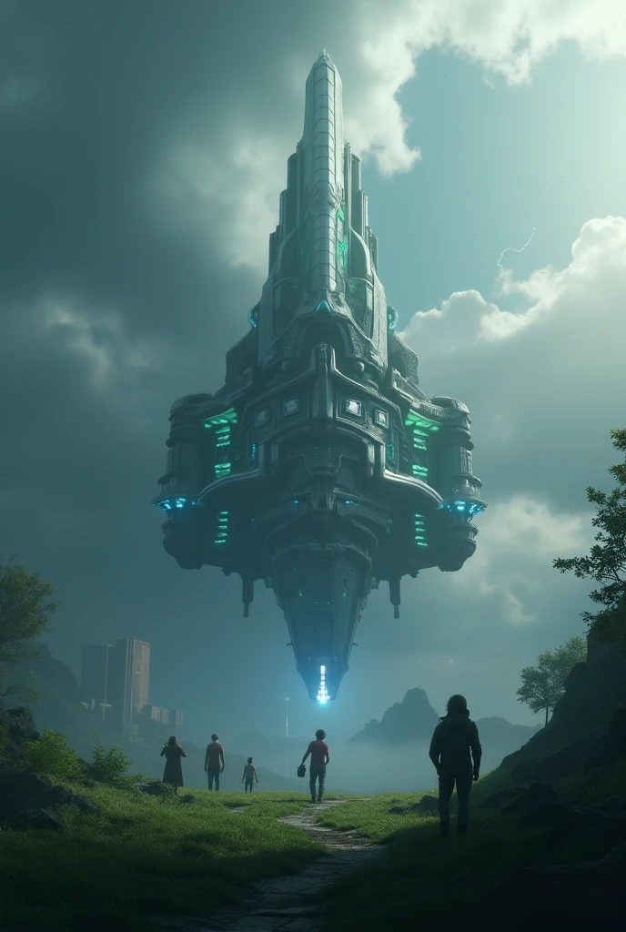 "A futuristic alien spacecraft hovering above Earth, surrounded by swirling clouds and illuminated by glowing blue and green lights. The alien ship is sleek and metallic, with an otherworldly design, symbolizing advanced technology. In the foreground, small human figures gaze up in awe and fear, standing on a landscape of grass and trees. The sky above is a mixture of stars and lightning, adding a sense of mystery and power, while the cityscape in the background reflects human civilization observing the unknown."