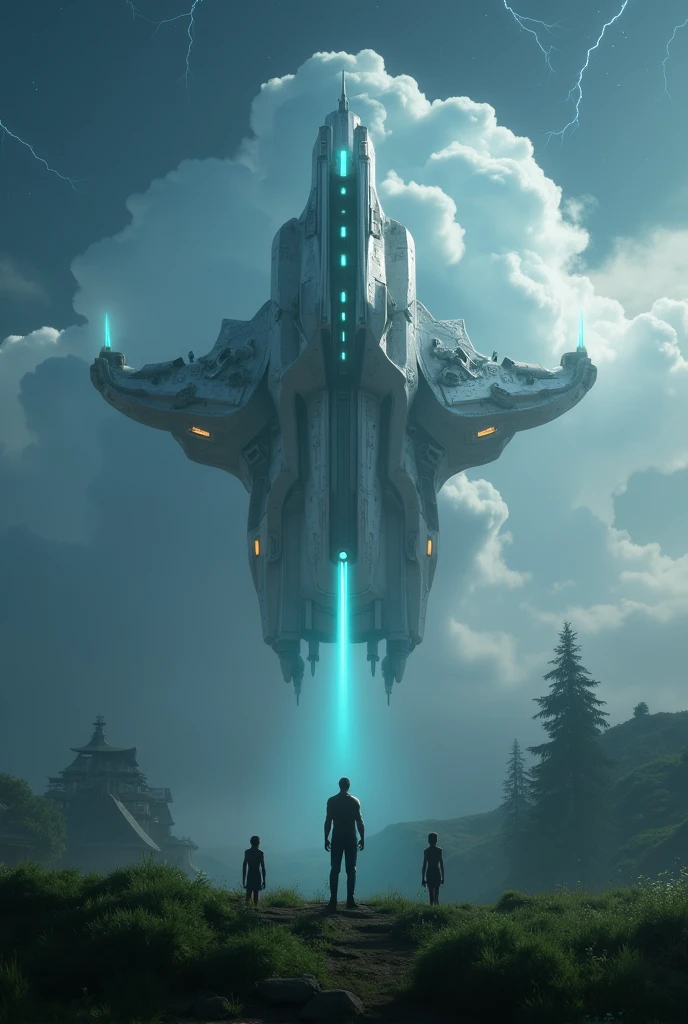 "A futuristic alien spacecraft hovering above Earth, surrounded by swirling clouds and illuminated by glowing blue and green lights. The alien ship is sleek and metallic, with an otherworldly design, symbolizing advanced technology. In the foreground, small human figures gaze up in awe and fear, standing on a landscape of grass and trees. The sky above is a mixture of stars and lightning, adding a sense of mystery and power, while the cityscape in the background reflects human civilization observing the unknown."