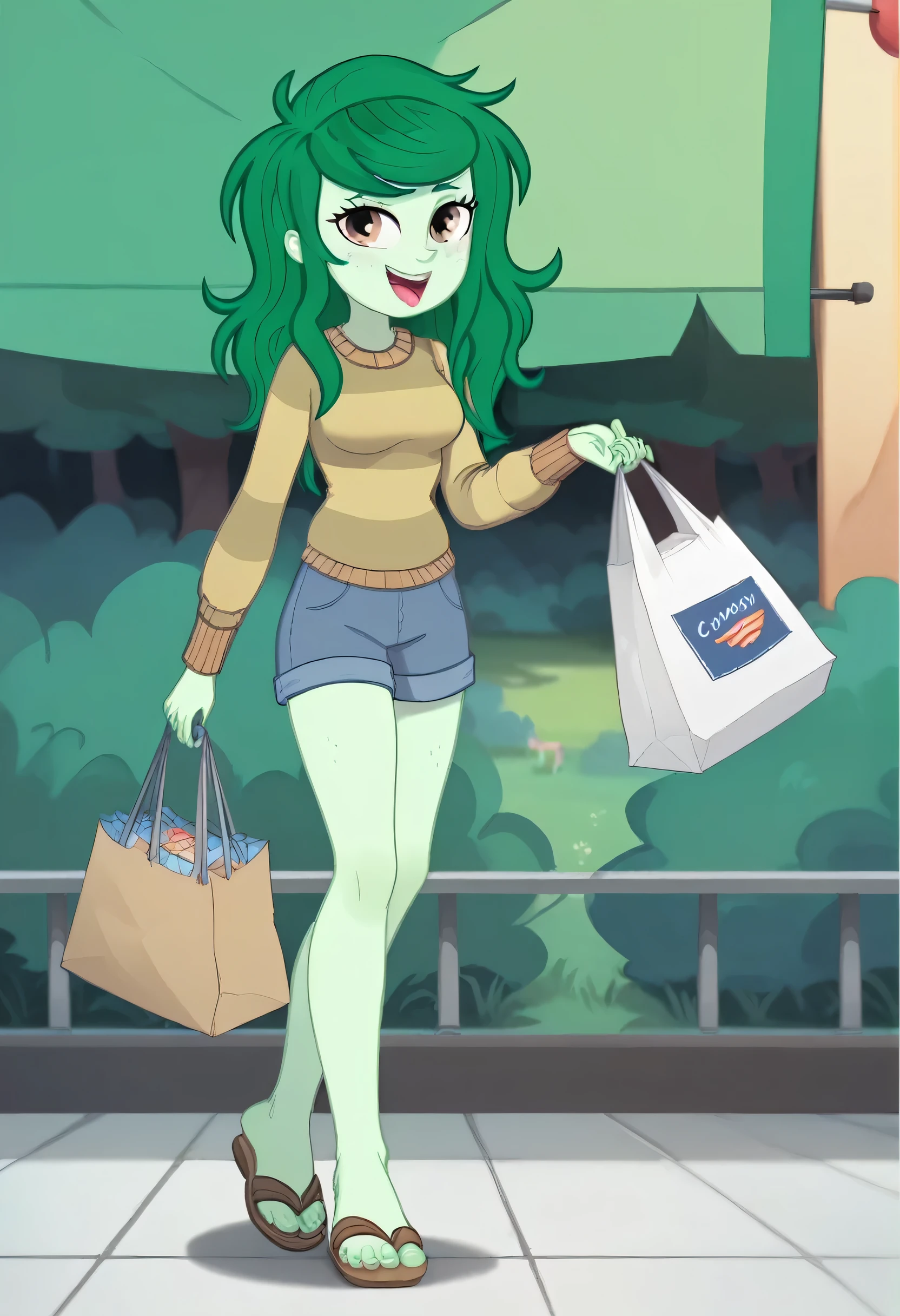  Top quality artwork , Wallflower Blush ,  long green hair , green skin,  sarcastic smile , Open mouth,  Tongue out, cruel gaze, beautiful, the flag,  medium breasts ,  a brown sweatshirt , blue short shorts,  holding a shopping bag, bare feet, con brown sandals ,  full body , brown sandals  