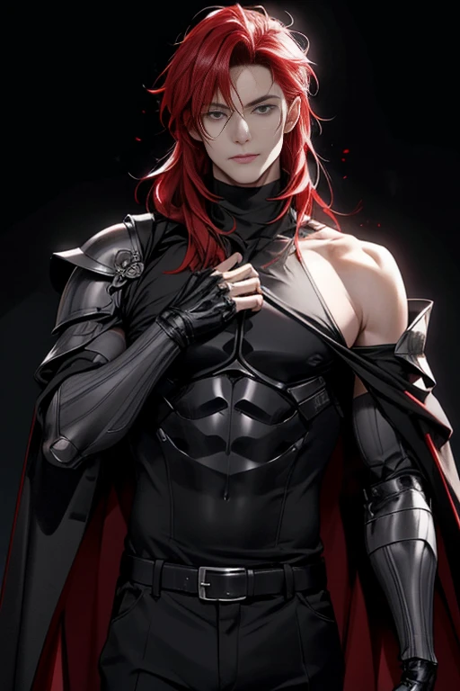 full HD, 4K, better quality, ((1 Adult man, 40 years))), male with RED hair, grey eyes, (black turtleneck, black trousers), Black background, Large assembly, Pumped up body, good anatomy, (super detailed face), (Detailed eyes, Even the eyes), soft look, soft expression, Dynamic pose in a black cloak, military, glowing light, ( red roses at the background ), look to the side, medival style, (Shoulder armor,chest armor,black cloak), knight of beauty, very long hair