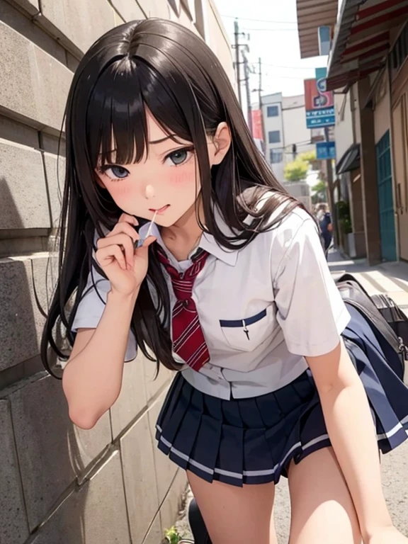 superfine illustration, Perfect Anatomy, Best Quality, Hires, amazing shading, Beautiful skin, 1 little girl, School Uniforms , Full body, A smile、In the street、the pose、行走