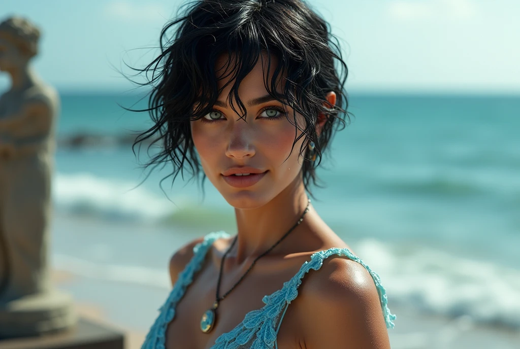 closeup photography, sexy LT<lora:LT:1>, black hair, beach background, sunset light, casual dressing, ((looking at viewer)), hyperealistic