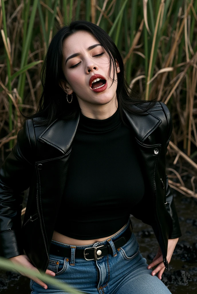 ( Best quality,4K, high definition , Realistic, vintage art), close-up stuck woman ,  plunged into a viscous messy sludge, turtleneck, denim jeans, denim jeans,  tight leather jacket , wild and creepy nature environment , A dark and mysterious , weed , Soft Lighting ,muted colors, dusk, shameful ecstasy, viscous sludge, reeds