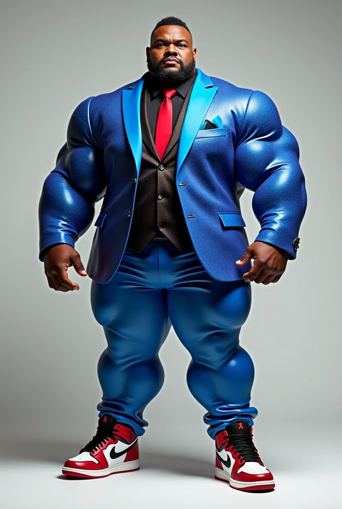a huge muscular naked black man with a tiny waist, bodybuilder wearing a blue thong, with an outrageous blue mohican haircut, standing facing the viewer, full body image, seen from a low angle