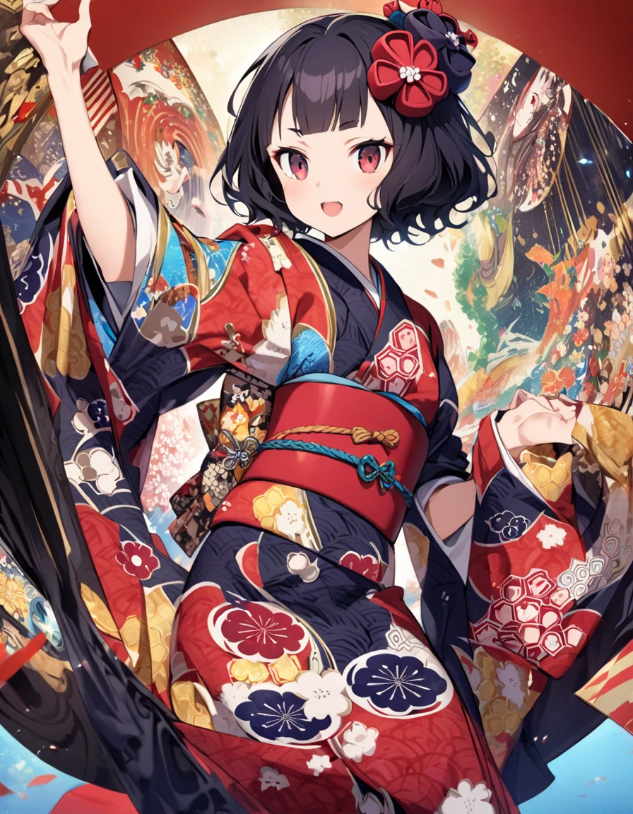 best quality, style of Hokusai,black hair,red eyes,amazing kimono,kaleidoscope, rich and colorful ,japanese traditional style, Alice in Wonderland