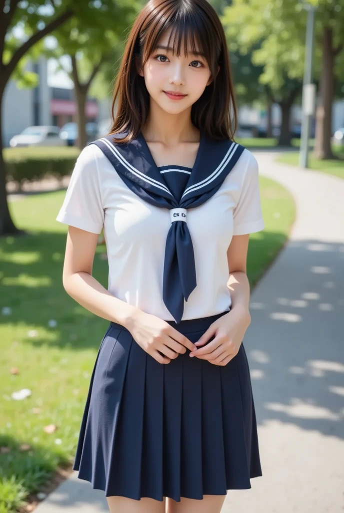 (masterpiece,  best quality:1.2),  1 Japanese high school girl, Alone, (( super cute face like a top idol wearing a sleeveless dress)),  beautiful model、 sexy,  smaller breasts,  black hair, Slightly longer bob hair, (Sailor school uniform)、At the park、