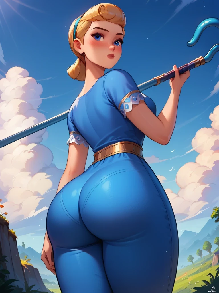 Betty, shorth hair, looking ahead at viewer, Blue simple shirt, dynamic angle, cowboy shot, blue simple pants, epic pose, ssmile, blush, bangss, blue staff, BIG ASS, plein-air, detailed back ground, cinematic, sky, clouds, best qualityer