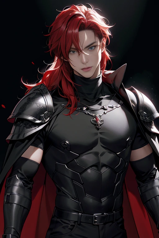 full HD, 4K, better quality, ((1 Adult man, 40 years))), male with RED hair, grey eyes, (black turtleneck, black trousers), Black background, Large assembly, Pumped up body, good anatomy, (super detailed face), (Detailed eyes, Even the eyes), soft look, soft expression, Dynamic pose in a black cloak, military, glowing light, ( red roses at the background ), look to the side, medival style, (Shoulder armor,chest armor,black cloak), knight of beauty, very long hair