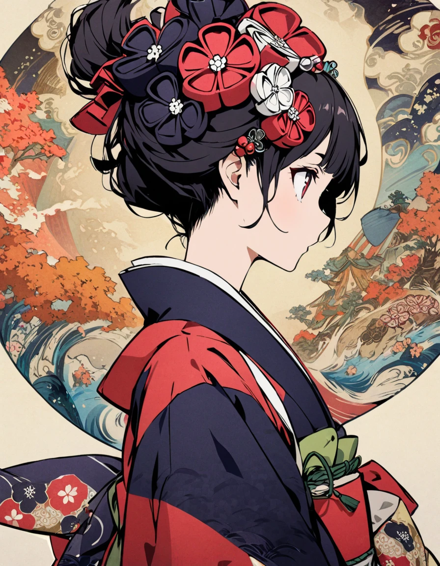 sideview,(looking away),best quality, style of Hokusai,black hair,red eyes,amazing kimono,kaleidoscope, rich and colorful ,japanese traditional style, Alice in Wonderland