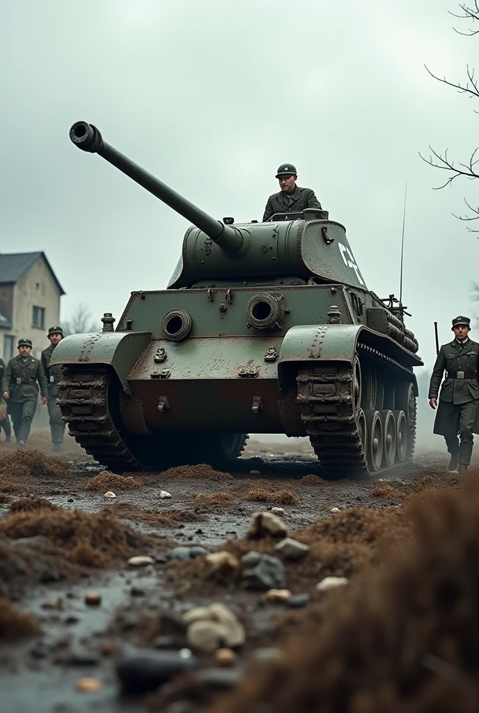 Second World War, Armored Tank, forest, mud, Gloomy weather, Iron armor, Battlefield smoke, old buildings, soldier, Rusted iron