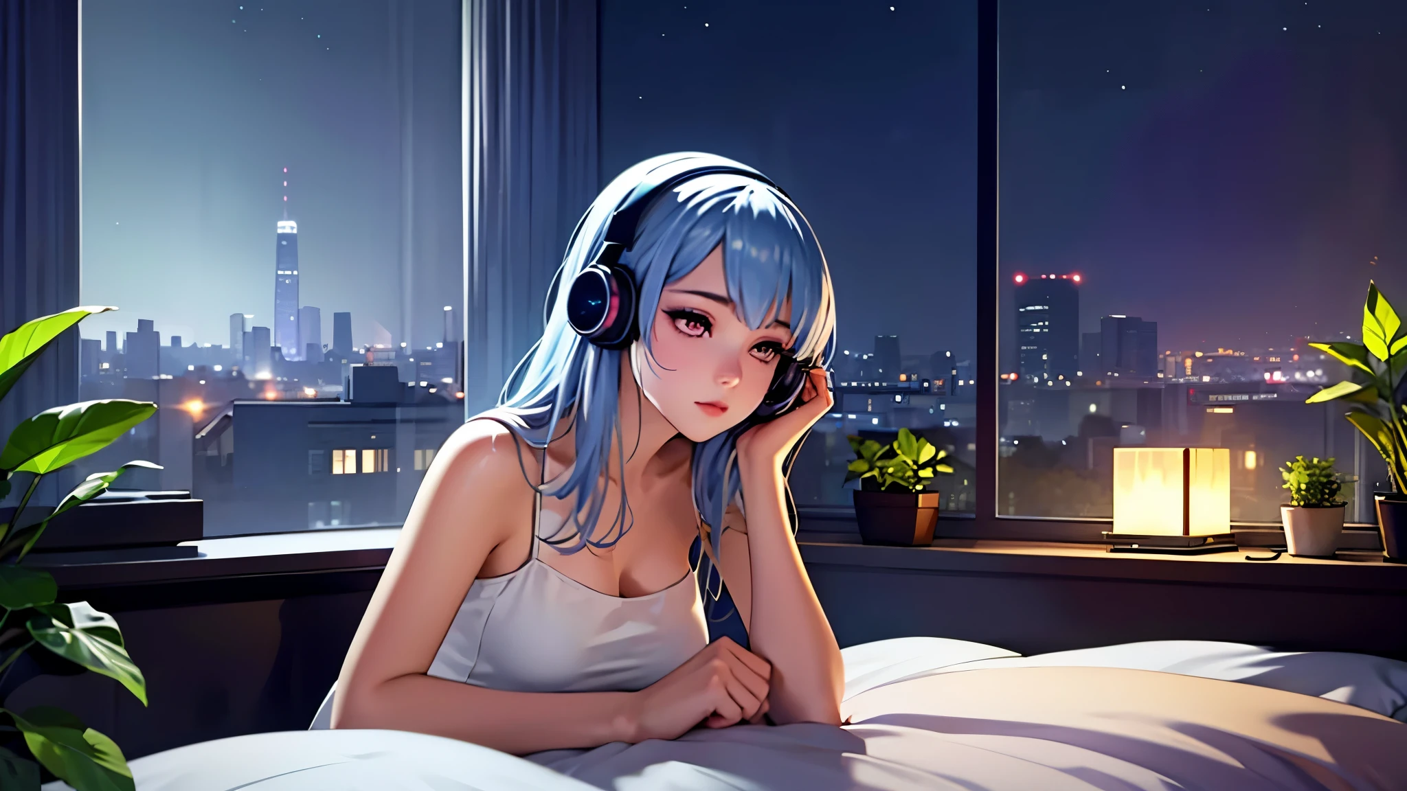  best quality, headphones sitting comfortably on the couch at night,Girl wearing ,In front of a large window, starry sky 