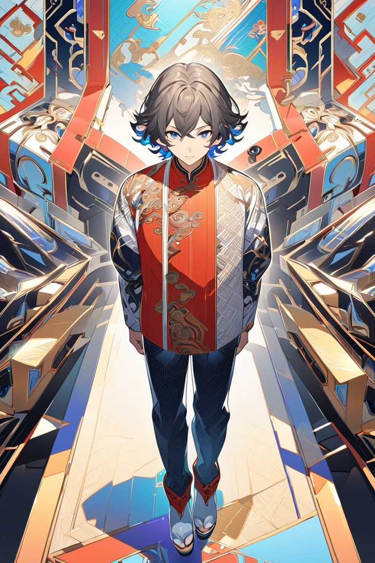 A perfectly framed, full-figure, full-body illustration of a professional-grade male VTuber character, specifically designed for streaming use. The character is a modern, stylish, and handsome young man with a charismatic yet approachable, and slightly androgynous appearance. His outfit incorporates elements of traditional Chinese design, blending intricate patterns and cultural motifs with modern aesthetics to create a unique and striking appearance. The art style is anime-inspired, with vibrant colors and clean shading characteristic of cel-shading techniques, giving it a polished and VTuber-appropriate look. The character is standing upright in a neutral pose, with arms relaxed naturally at his sides, facing directly forward. His expression is confident and friendly, featuring a slight smile with his mouth slightly open. The entire character must be visible within the frame, from the top of the head to the tips of the toes, with precise alignment to ensure no parts are cut off. The background is plain white to emphasize the character and eliminate distractions. The proportions must be anatomically accurate, and the full-figure framing adjusted for perfect alignment to the canvas, with equal spacing around the edges to avoid cropping. The illustration should be highly detailed and professionally polished, suitable for commercial use in streaming overlays, promotional materials, and branding. 