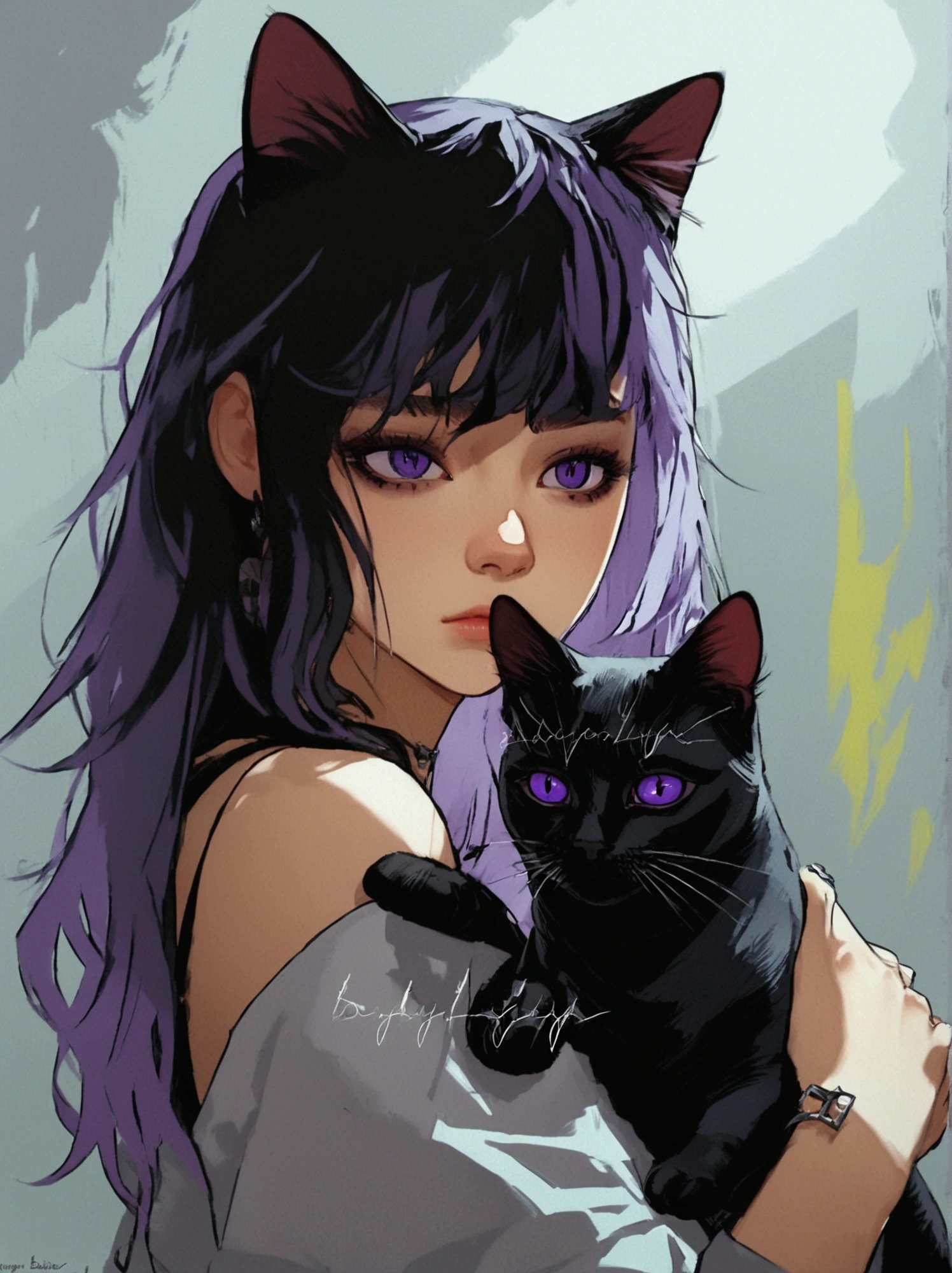 Anime girl with long hair and purple eyes holding a black cat, young girls，young teenage girl，Emo girl and her , Portrait of goth cat and girl, Digital illustration style, in the art style of bowater, style of anime, Anime style illustration,serious expressions