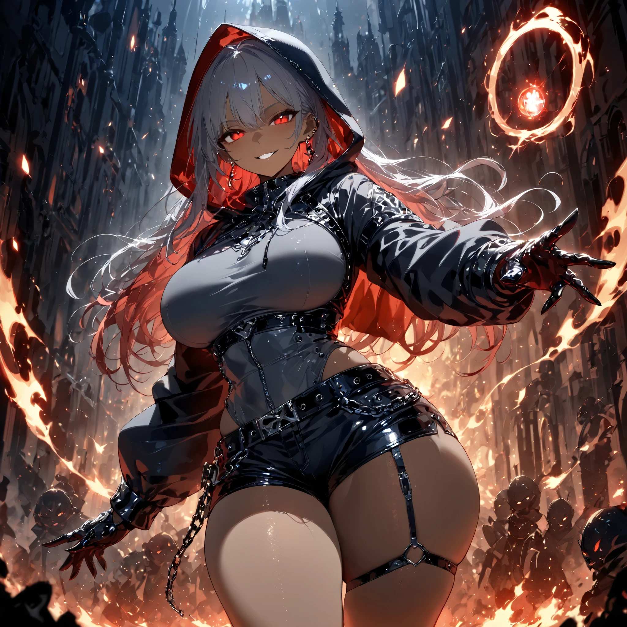 (dark-skinned female:1.4), half closed eyes, nihilistic smile, cute villain girl, hoodie, hood up, shorts, glowing red eyes, ((Blueish gray hair)), (sidelocks:1.3), long hair, [curvy], pierced earring, throw, Atmospheric Perspective, 8k, super detailed skin, (rating_safe)