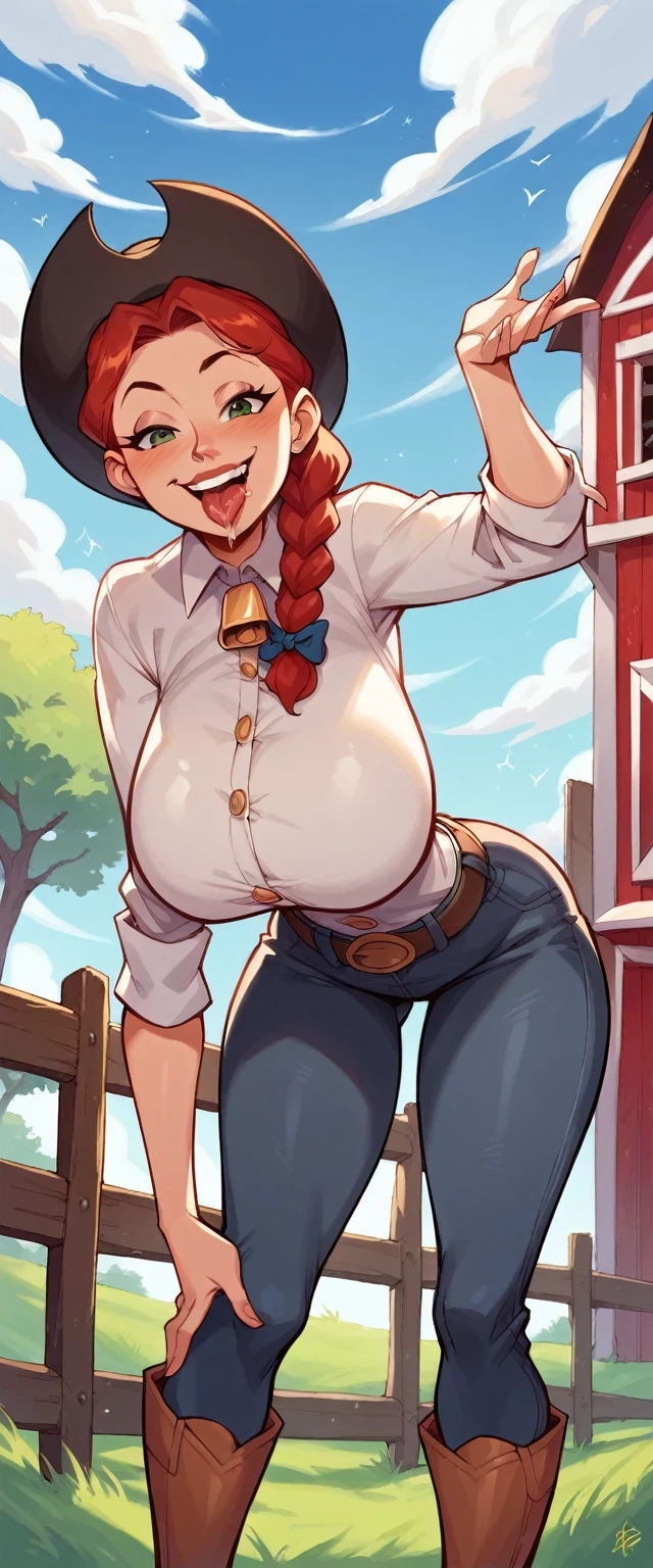 score_9, score_8_up, score_7_up, score_6_up, JessieXLP in all fours leaning forward, evil smile, naughty face, tongue out, saliva, hat, red hair, braid, bow, belt, animal print, cow print, pants, boots,huge breasts, narrow waist, wide hips, thick thighs, looking at viewer, cowboy shot, cartoon, dynamic pose, smile, cute, wide shot, solo, farm, disney, from below,
 