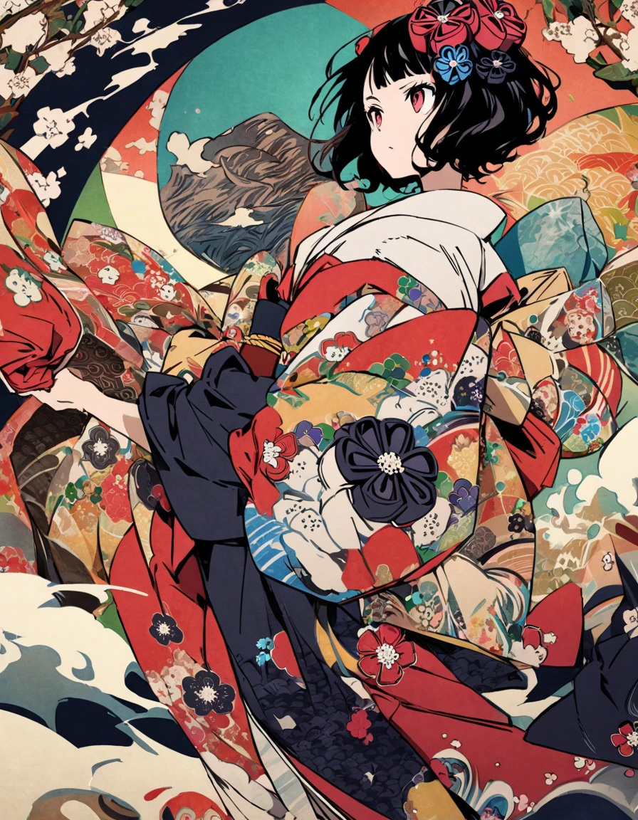 sideview,(looking away),best quality, style of Hokusai,black hair,red eyes,amazing kimono,kaleidoscope, rich and colorful ,japanese traditional style, Alice in Wonderland