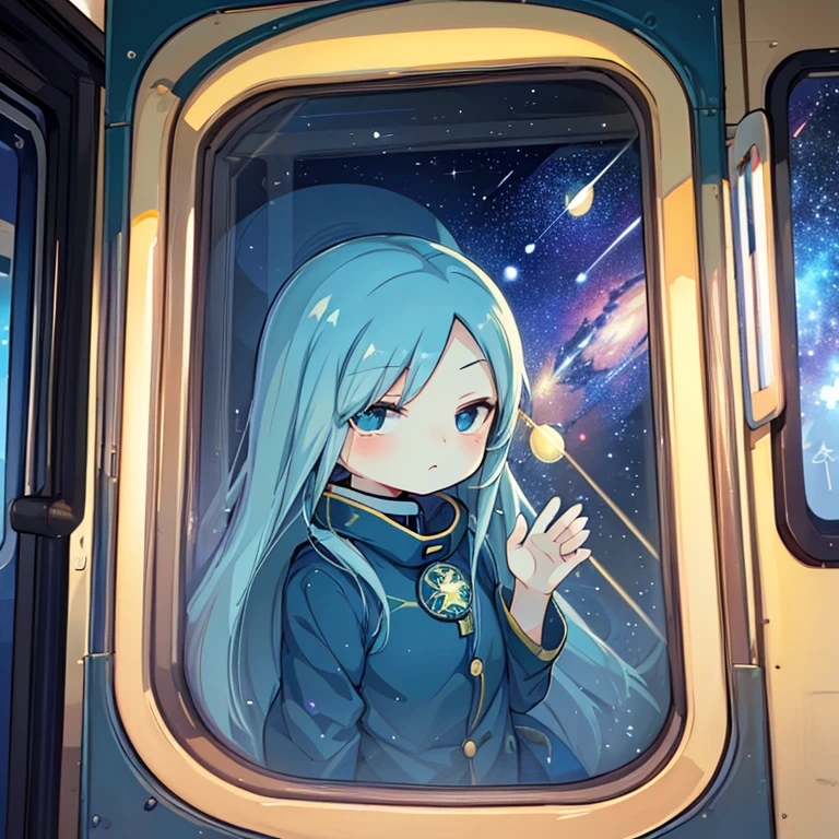 A train that transcends time and space、The view from the train window of the Galactic Railroad during a leap in time , cute,  owl under guard, Chibi character, ((The view from the Galaxy Express train window: fantastic outer space:1.3)),masterpiece、top-quality、  best image quality