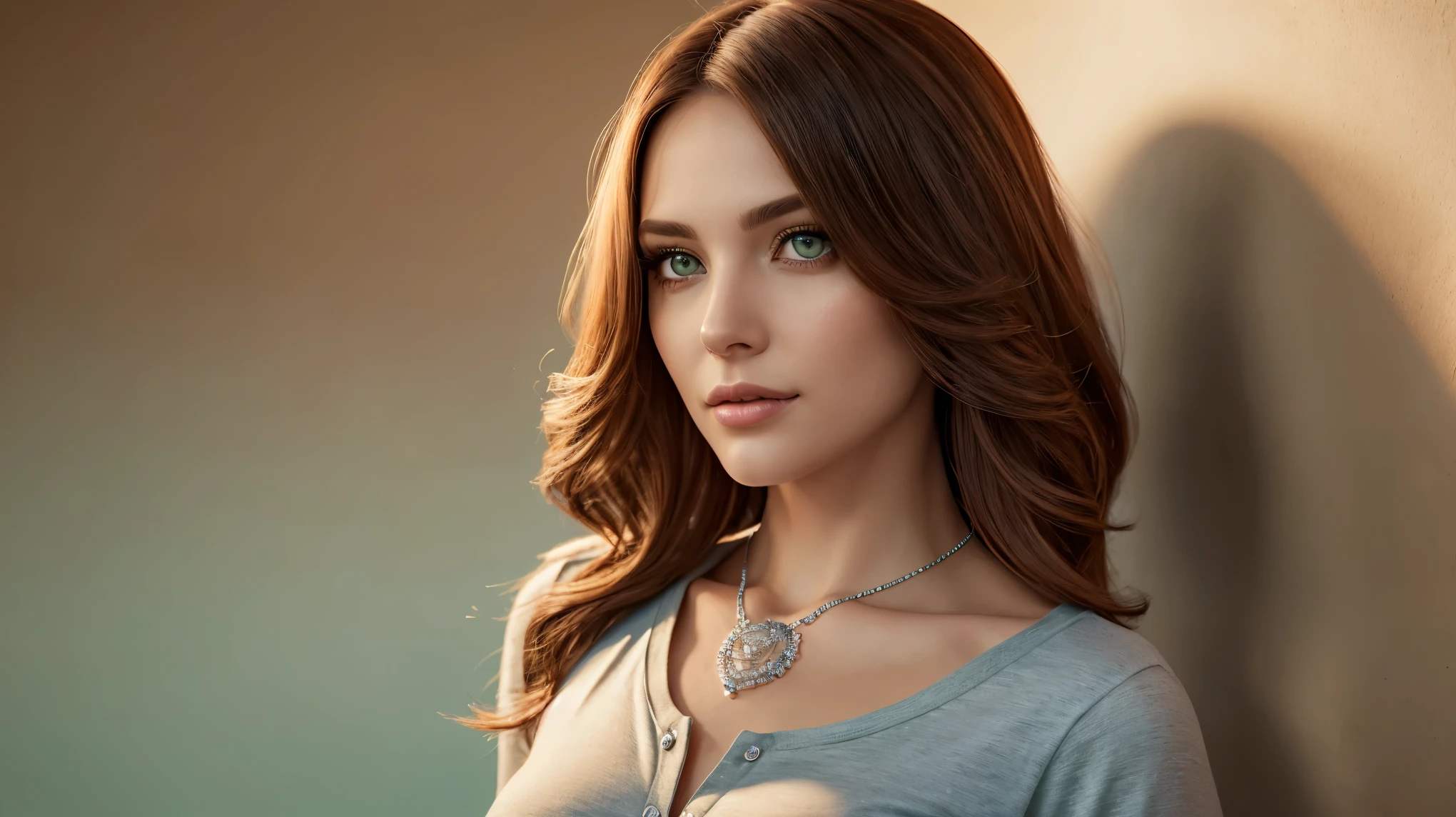 Long auburn wavy hair, sea-green eyes, 30ish years old, gorgeous woman,  (beautiful face: 1.2), Looking at viewer, flirting, desire in her eyes, henley t-shirt, soft feminine body, intricate diamond and white gold necklace, gorgeous shapely legs, (realistic, detailed,  digital art,  4k,  ultra hd: 1.2), Impressionism, 8K Octane, Braid, Hair Over One Eye, Asymmetrical Hair, (photorealistic: 1.2)Masterpiece, Anatomically Correct, Best Quality, High Details, breathtaking, sensual, intimate setting, moonlight