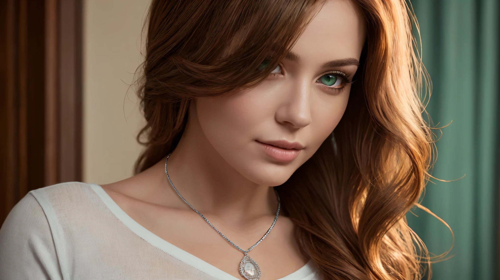 Long auburn wavy hair, sea-green eyes, 30ish years old, gorgeous woman,  (beautiful face: 1.2), Looking at viewer, flirting, desire in her eyes, henley t-shirt, soft feminine body, intricate diamond and white gold necklace, gorgeous shapely legs, (realistic, detailed,  digital art,  4k,  ultra hd: 1.2), Impressionism, 8K Octane, Braid, Hair Over One Eye, Asymmetrical Hair, (photorealistic: 1.2)Masterpiece, Anatomically Correct, Best Quality, High Details, breathtaking, sensual, intimate setting, moonlight