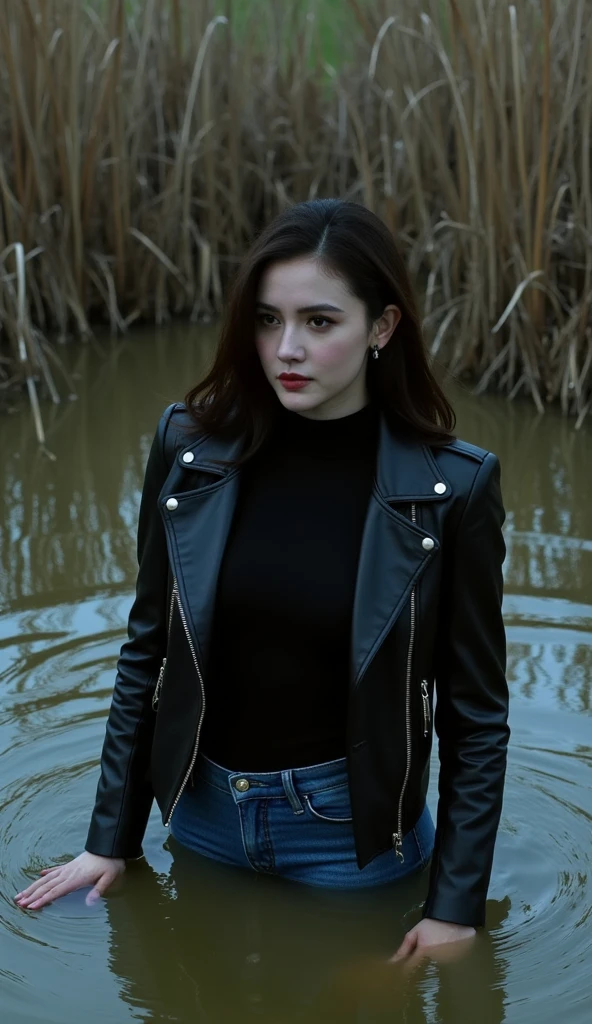 ( Best quality,4K, high definition , Realistic, vintage art), close-up stuck woman ,  plunged into a viscous messy sludge, turtleneck, denim jeans, denim jeans,  tight leather jacket , wild and creepy nature environment , A dark and mysterious , weed , Soft Lighting ,muted colors, dusk, shameful pleasure, viscous sludge, reeds