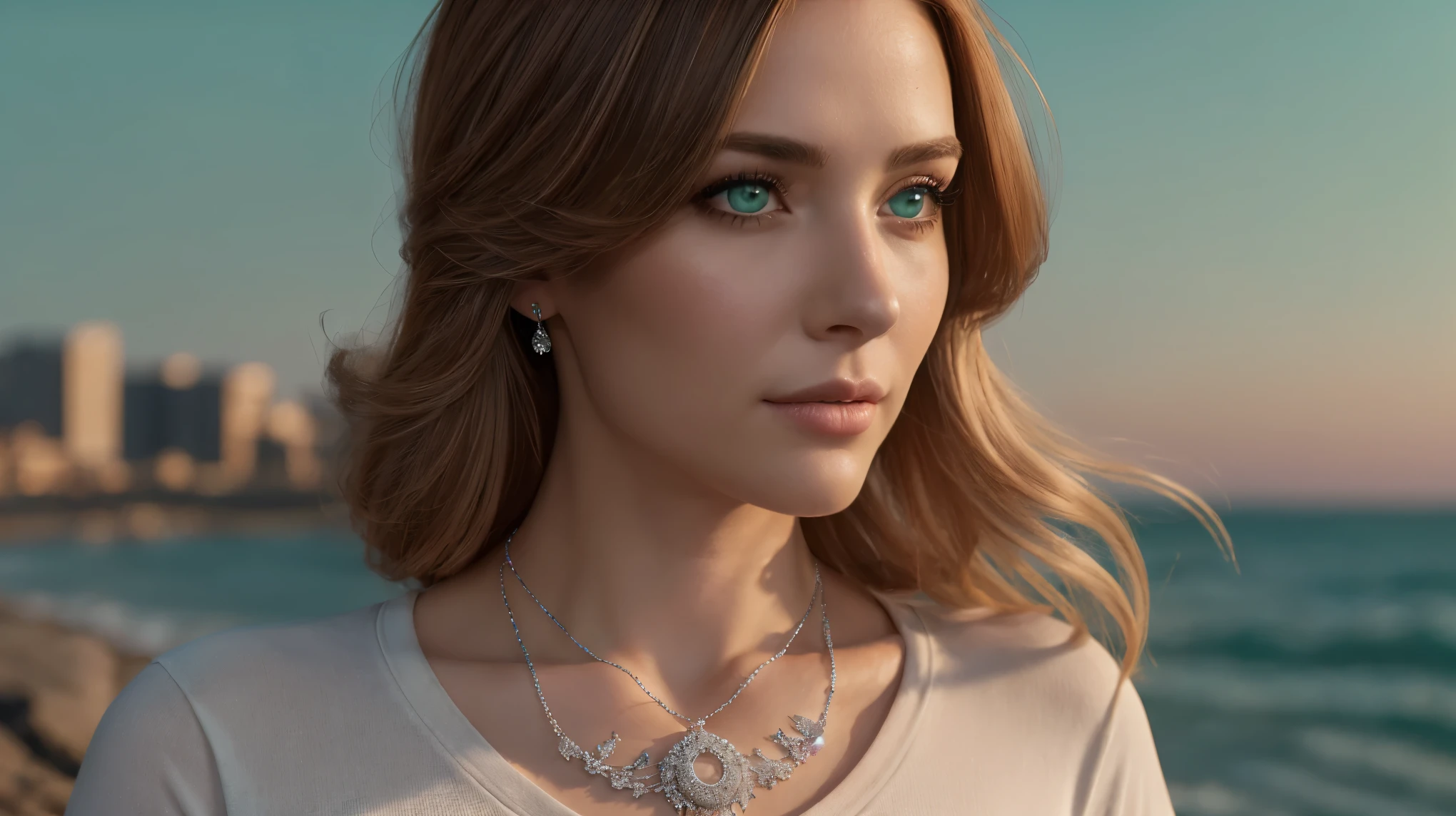 Long auburn wavy hair, sea-green eyes, 30ish years old, gorgeous woman,  (beautiful face: 1.2), Looking at viewer, flirting, desire in her eyes, henley t-shirt, soft feminine body, intricate diamond and white gold necklace, gorgeous shapely legs, (realistic, detailed,  digital art,  4k,  ultra hd: 1.2), Impressionism, 8K Octane, Braid, Hair Over One Eye, Asymmetrical Hair, (photorealistic: 1.2)Masterpiece, Anatomically Correct, Best Quality, High Details, breathtaking, sensual, intimate setting, moonlight