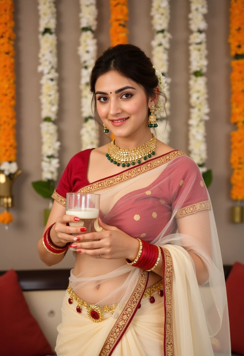 extreme close up photo of traditional Indian woman, perfect thick figure, seductive eyes, looking at viewer, sultry, wearing an elegant cream transparent saree with a rich red border showing deep navel. She is adorned with traditional gold jewelry, including a necklace with pendants and matching earrings, and has jasmine flowers in her neatly tied hair. Her wrists are decorated with red glass bangles, and she holds a glass of milk in her hands with a serene smile. The setting is a festive indoor environment with hanging flower garlands in the background, exuding a warm and celebratory atmosphere. The lighting is soft, highlighting her features and the intricate details of her attire, 4K, HD
